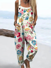 Women's Lovely Floral Art Print Casual Cotton Linen Wide Leg Jumpsuit